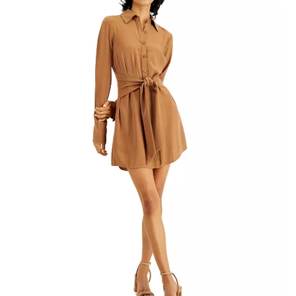 Brown Tie Waist Long Sleeve Button Down Dress